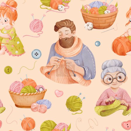 Photo for A seamless pattern characters knitting. A grandmother in glasses and hipster man knit a scarf, a girl plays with a ball of yarn. basket with needles buttons threads and cotton flowers. watercolor.. - Royalty Free Image