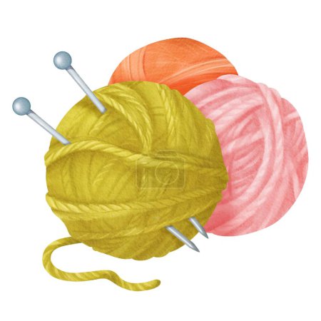 A composition featuring multicolored yarn skeins in green, pink, and orange, complemented by steel knitting needles. for crafting blogs, knitting tutorials, or DIY designs. Watercolor illustration.