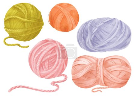 Watercolor set of knitting yarn balls. Isolated objects featuring cotton and wool threads in orange, green, blue, and pink colors. for crafting enthusiasts, knitting tutorials and needlework shops.