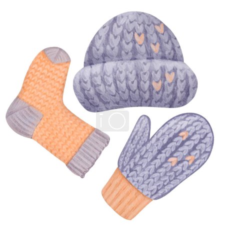 Photo for A collection of knitted winter wear. Includes a cozy winter hat, snug knitted sock, and soft mitten. Rendered in shades of purple and orange. Knitting set. Watercolor isolated elements. - Royalty Free Image