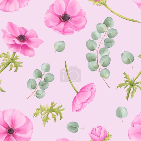 Photo for Seamless pattern on a pink background. Pink watercolor anemone flowers, greenery, eucalyptus leaves. Perfect for wallpapers, textiles, stationery, and packaging designs. - Royalty Free Image
