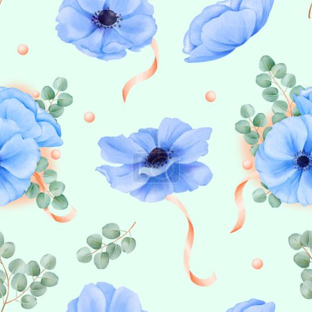 Ein nahtloses Muster Aquarell florale Motive vor einem himmelblauen Hintergrund gesetzt. Zarte blaue Anemonen, Satinbänder, funkelnde Strasssteine und luftige Eukalyptusblätter verschönern das Design.