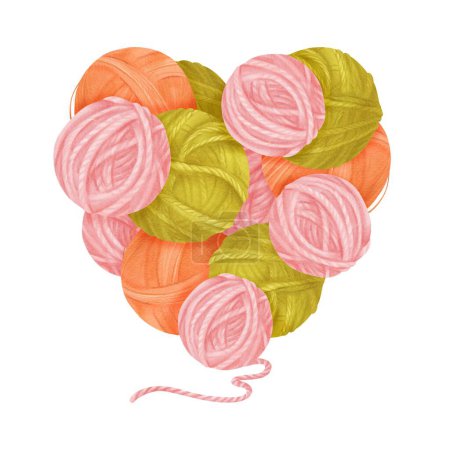 Eine herzförmige Komposition rund ums Stricken, für Liebhaber des Strickens und Nähens. ein Herz aus Garnknäueln in Grünrosa und Orange, für Bastelprojekte oder DIY-Themen