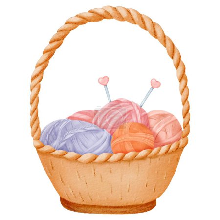 Photo for A cozy composition featuring a woven basket filled with colorful yarn skeins and knitting needles. Perfect for crafting blogs, cozy home decor designs, or DIY-themed projects. Watercolor illustration. - Royalty Free Image