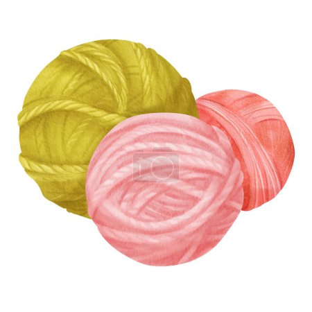 An arrangement of three vibrant skeins of wool or cotton yarn, accompanied by knitting accessories. for crafting blogs, knitting tutorials, or DIY-themed designs. Watercolor illustration.