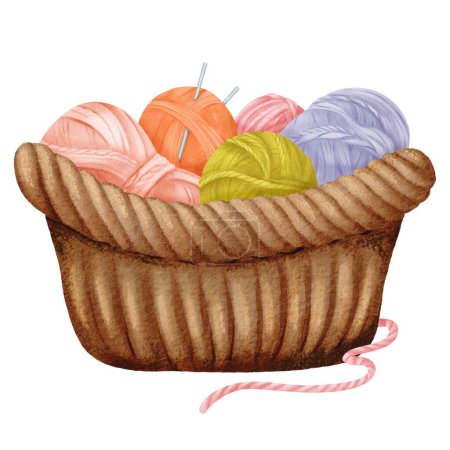 arrangement showcasing a woven basket adorned with multicolored yarn balls and knitting needles. Ideal for crafting enthusiasts, cozy home decor themes, or DIY-inspired designs. Watercolor