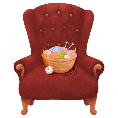 A composition featuring a basket filled with multicolored yarn skeins and knitting needles on a burgundy armchair with a cotton flower nearby. for a cozy evening at home. Watercolor illustration.