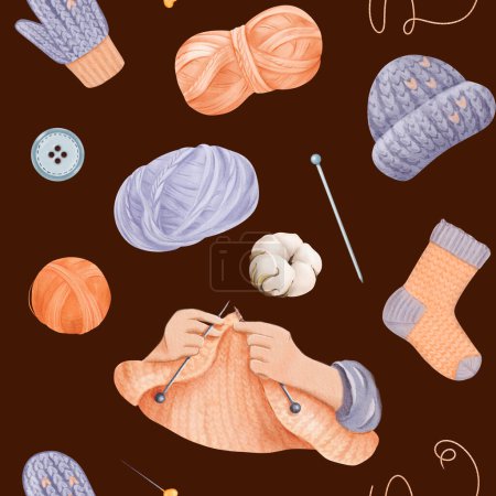 Un motif sans couture célébrant le tricot, le tissu artisanal des mains et divers vêtements tricotés comme des chapeaux chaussettes et des mitaines. écheveaux de fil, boutons et épingles avec des fleurs de coton. aquarelle fond bleu.