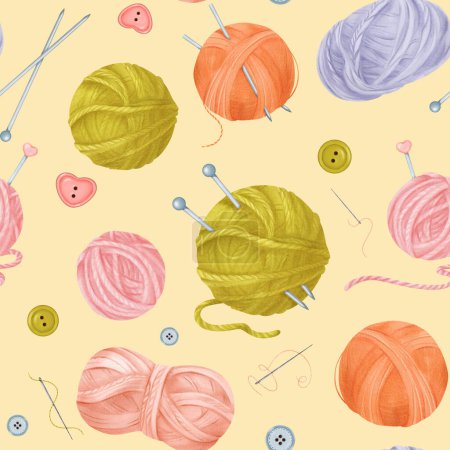 A seamless crafting-themed pattern featuring yarn skeins, colorful buttons, sewing needles with threads, and knitting needles on a beige background. watercolor for textile design crafting projects.