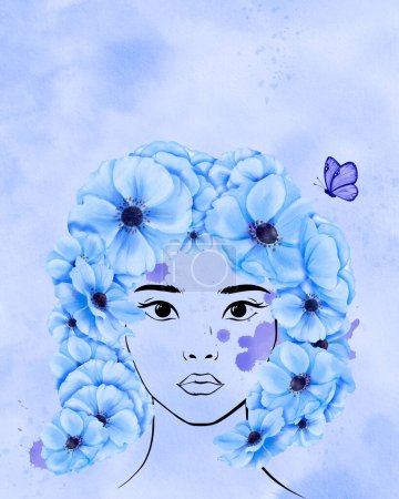 Foto de Cartel de acuarela. retrato de línea de una joven asiática. su peinado con encantadoras flores de anémona azul y una delicada mariposa, una sensación de libertad y vitalidad. diversidad e individualidad. - Imagen libre de derechos