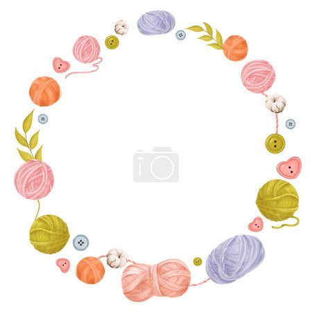 circular watercolor frame perfect for crafting blogs, knitting tutorials, or DIY-themed designs. This illustration with colorful yarn skeins buttons threads, cotton flowers, and greenery branches.