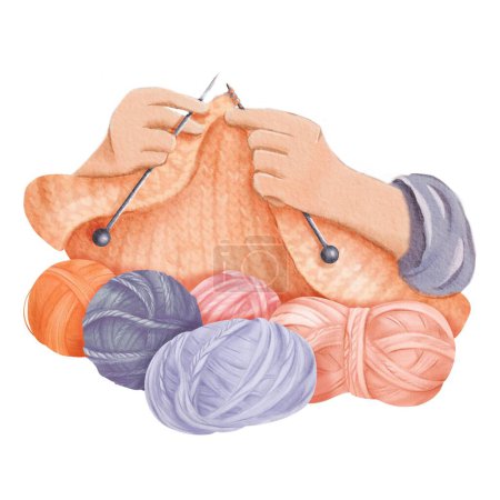 Une composition aquarelle de tricot, avec deux mains habilement tissu d'artisanat. boules de fil de laine colorées dans différentes teintes chaudes, pour l'artisanat des blogs, tutoriels de tricot imprimés décoration confortable à la maison.
