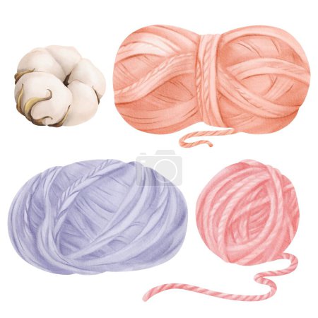 Photo for A compilation of watercolor illustrations sewing and knitting elements. balls of wool and cotton threads, a cotton flower. for crafting enthusiasts, sewing or knitting blogs textile illustrations. - Royalty Free Image