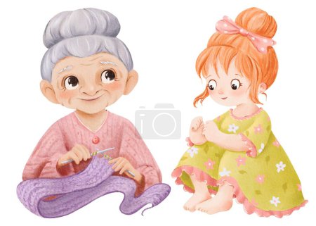 Watercolor character set. A grandmother knitting portrays. a cheerful little girl with big eyes. for childrens book illustrations, family-themed designs, greeting cards, and storytelling visuals.