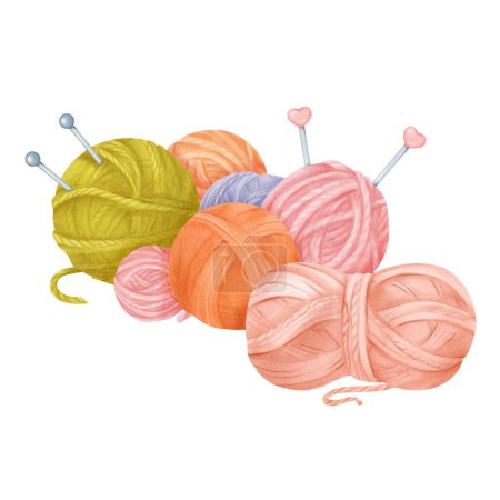 A composition featuring multicolored yarn skeins in green, pink, and orange, complemented by steel knitting needles. Versatile for various applications such as crafting blogs, knitting tutorials, or