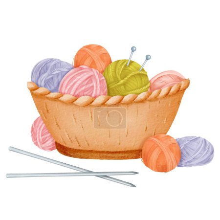 A comfortable setup featuring a woven basket filled with assorted yarn balls and knitting needles. Suitable for crafting websites, cozy home decor themes, or DIY-inspired designs. The watercolor