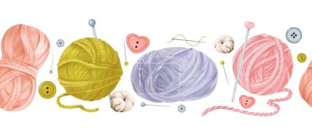 Seamless border with wool skeins, threads, buttons, cotton flower, knitting needles, and pins. Ideal for crafting blogs, knitting tutorials, or DIY-themed designs. Watercolor illustration.
