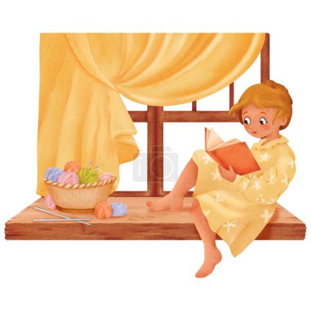 Photo for A composition portraying a girl seated by the window against a backdrop of satin curtains, a knitting book. A basket with multicolored yarn skeins on a wooden windowsill. Watercolor illustration. - Royalty Free Image