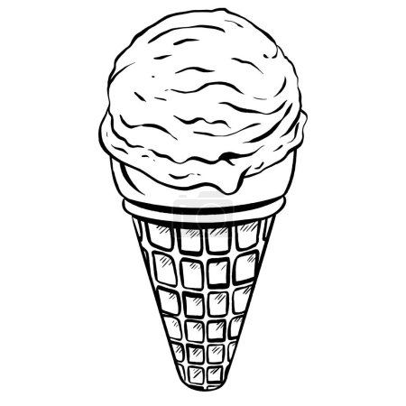 Téléchargez les illustrations : Illustration vectorielle d'une cuillère à crème glacée sucrée nichée dans un cône de gaufrette croustillant. Un délicieux dessert froid, un délice estival pour les enfants. Offrez-vous cette délicieuse gâterie. - en licence libre de droit