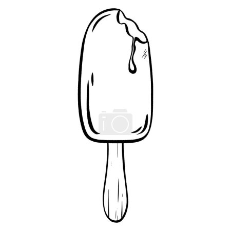 Ilustración de Ilustración vectorial de un delicioso helado en un palo de madera, el primer bocado tomado, con una gotita dulce corriendo por el esmalte de chocolate. Un tentador menú y helado camión anuncio tratar. - Imagen libre de derechos