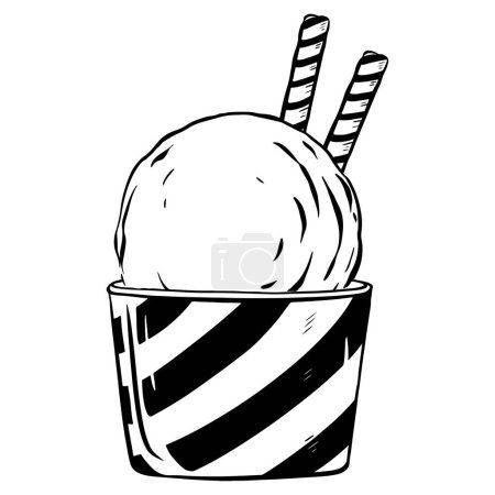 Illustration for Hand-drawn vector sketch. Ice cream scoop in a cup with a crispy waffle straw. A summer treat. Delicious pleasure. Ideal for menus and decorating shops, cafes, and restaurants. - Royalty Free Image