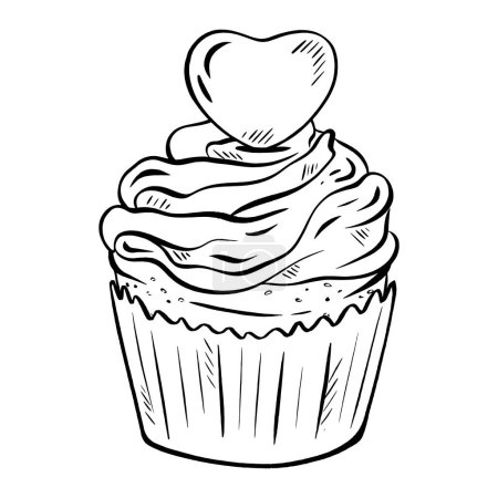 Illustration for Hand-drawn vector sketch. Muffin with a crown of delicate cream. Heart-shaped topping. Perfect for Valentines Day, weddings, birthdays, invitations, and anniversaries. for greetings, coloring books. - Royalty Free Image