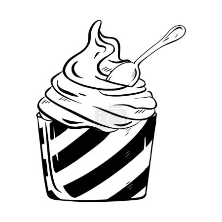 Illustration for Hand-drawn vector illustration. Yogurt in a striped cup with a wafer straw - a summer delight. Light and nutritious ice cream. Delicious pleasure. for menus decorating shops, cafes and restaurants. - Royalty Free Image