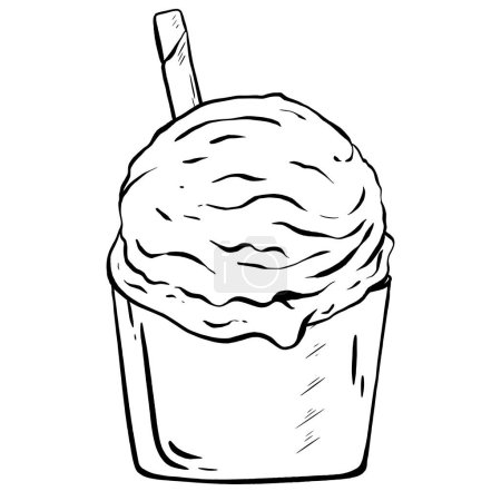 Illustration for Vector. Hand-drawn sketch. Ice cream scoop in a cup with a crispy waffle straw. Summer treat. Delicious pleasure. Suitable for menus, shop, cafe, and restaurant decor. - Royalty Free Image