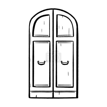 Illustration for Hand-drawn ink vector. Italian wooden door with elegant wrought iron handles. Facade ornamentation. Closed entrance. Double oak doors. for logos sketches and exterior elements of homes and buildings. - Royalty Free Image