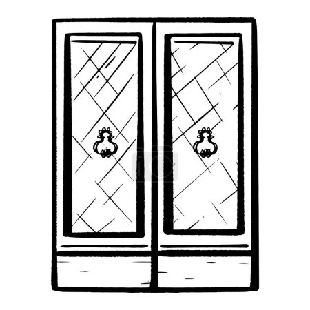 Illustration for Hand-drawn ink vector. Italian wooden door with elegant wrought iron handles. Glass on the facade. Closed entry. Double oak doors. for logos, sketches, and exterior elements of homes and buildings. - Royalty Free Image