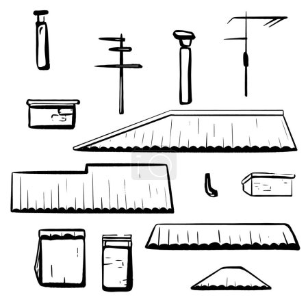 Illustration for Ink hand-drawn vector. Roof construction set. Various shapes: triangular, flat, regular. Chimneys, flues. Gutter, antennas. Depiction of shingles and stone masonry. for crafting custom roof designs. - Royalty Free Image