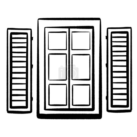Illustration for Ink hand-drawn vector. Italian window with open shutters. Wooden frame. Symbol of Italian homes in an old town. Open window symbolizing travel, countries, and new opportunities. - Royalty Free Image