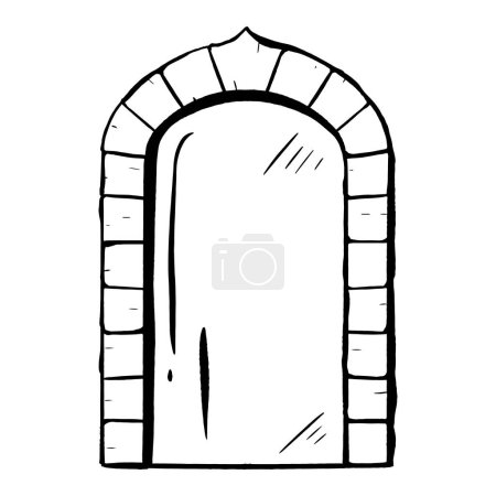 Illustration for Ink hand-drawn vector. Glass door adorned with a stone arch. Entrance to a shop or restaurant. Antique exterior element. Closed entry. Wedding arch. An elegant addition to building design. - Royalty Free Image
