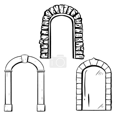 Illustration for Set. Ink hand-drawn vector. Wooden. Glass door adorned with a stone arch. Entrance to a shop or restaurant. Antique exterior element. Closed entry. Wedding arch. An elegant addition to building design - Royalty Free Image