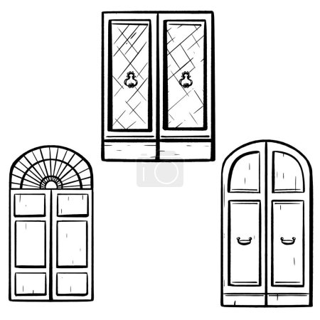 Illustration for Set. Hand-drawn ink vector. Italian wooden door with elegant wrought iron handles. Glass on the facade. Closed entry. Double oak doors. for logos, sketches, and exterior elements of homes and - Royalty Free Image