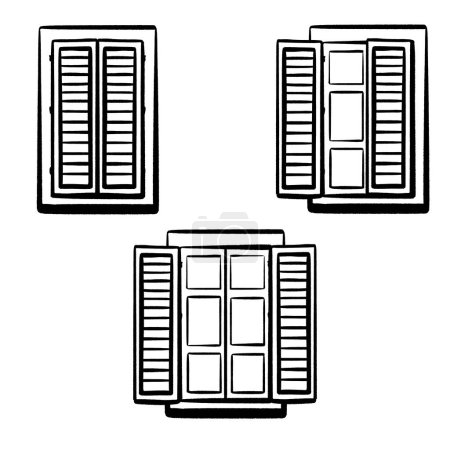 Illustration for Set. Different open closed windows. Ink hand-drawn vector. Italian window with open shutters. Wooden frame. Symbol of Italian homes in an old town. Open window symbolizing travel, countries, and new - Royalty Free Image