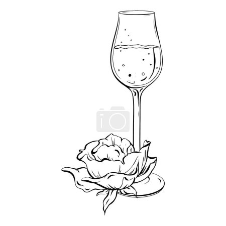 Illustration for Ink: Elegant composition featuring a vine glass and a blooming rose. A delicate illustration for cards, coloring, prints, posters, and textile printing. for birthdays, weddings, bachelorette parties. - Royalty Free Image
