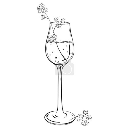 Illustration for Ink: A cluster of wildflowers in a glass, featuring forest forget-me-nots. A floral composition with a sparkling wine. A delicate illustration for cards coloring prints posters, and textile printing - Royalty Free Image