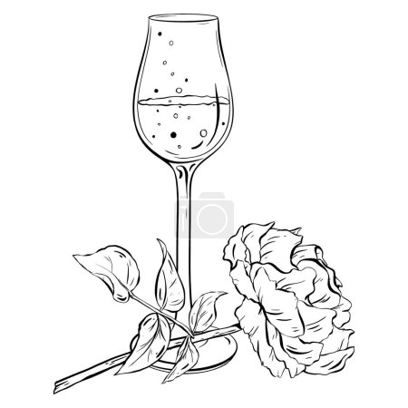 Illustration for Ink: Sparkling wine glass with a fresh open rose beside it. Wedding 2024. A tender composition for cards coloring prints posters and textile printing. Suitable for birthdays and bachelorette. - Royalty Free Image