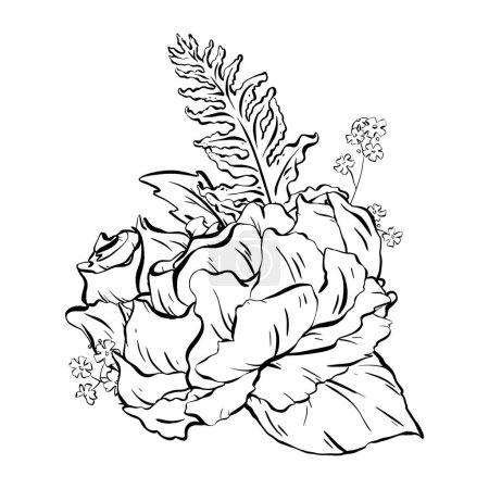 Illustration for Ink: Floral composition featuring delicate open rose flowers, fern, rose leaves, and woodland forget-me-nots. A stylish illustration for cards, coloring, prints, posters, and textile printing. EPS 10 - Royalty Free Image