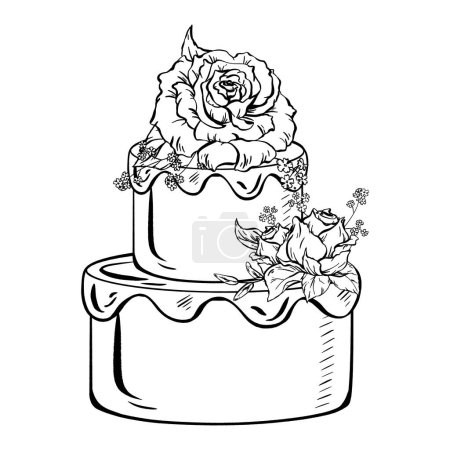 Illustration for A line art drawing of a wedding cake with roses on top, depicted in black and white. The dishware and drinkware are in a circular format, made of porcelain and ceramic - Royalty Free Image