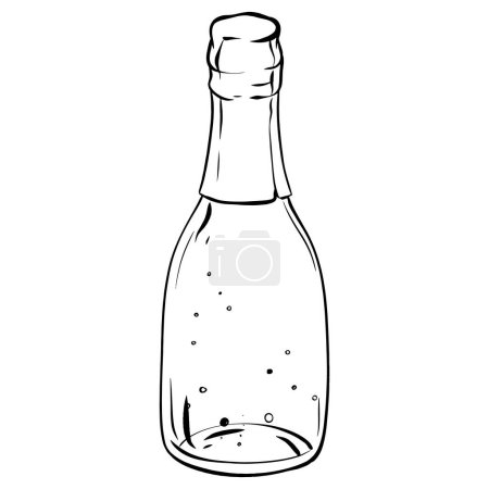 Ilustración de Un boceto monocromático de una botella de champán sin líquido en el interior. El arte detallado ilustra la vajilla, incluyendo un tapón de botella y una botella de vidrio - Imagen libre de derechos