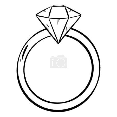 Illustration for A monochromatic line art drawing of a ring with a diamond, showcasing symmetry and elegant design. The graphic serves as a symbol of love and commitment - Royalty Free Image