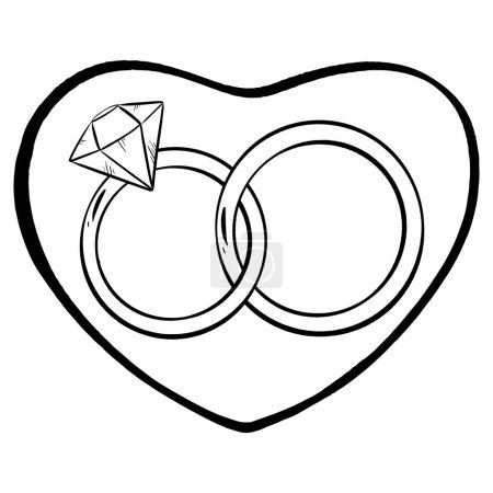 Téléchargez les illustrations : Un dessin monochrome de deux alliances avec un diamant à l'intérieur d'un cœur, symbolisant l'amour éternel et l'engagement - en licence libre de droit
