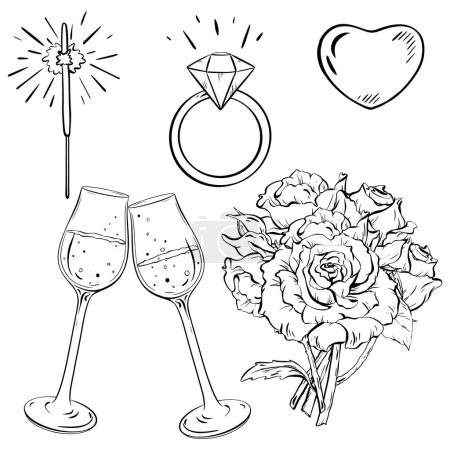 Téléchargez les illustrations : Illustration monochrome d'un bouquet de roses, de verres à champagne, d'une bague et d'un cœur. Le dessin met en évidence les détails délicats de la botanique et les motifs complexes sur la vaisselle et la verrerie - en licence libre de droit