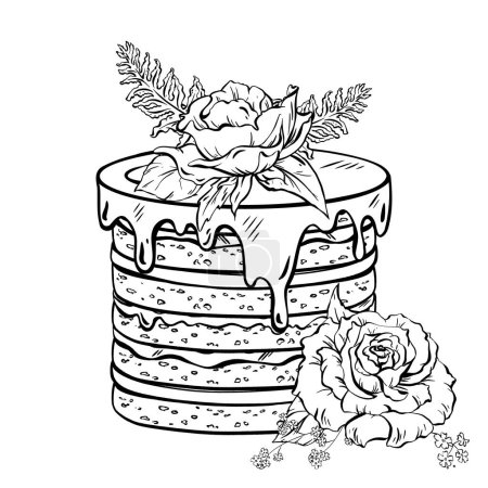 Illustration for A monochrome illustration of a rectangular cake with floral decoration on top, created using line art. The art features a delicate pattern and a gesture of elegance in the design - Royalty Free Image