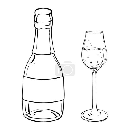 Téléchargez les illustrations : Illustration monochrome avec un verre de vin et une bouteille sur une table. Le dessin met en valeur la verrerie et le barware avec un geste de verser la boisson alcoolisée - en licence libre de droit
