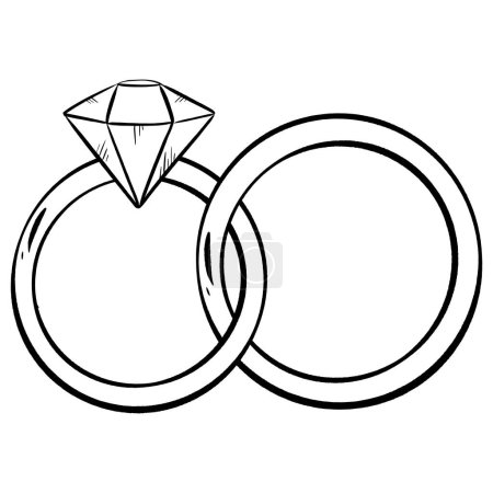 Una ilustración monocromática con dos anillos de boda con un diamante engastado en el centro
