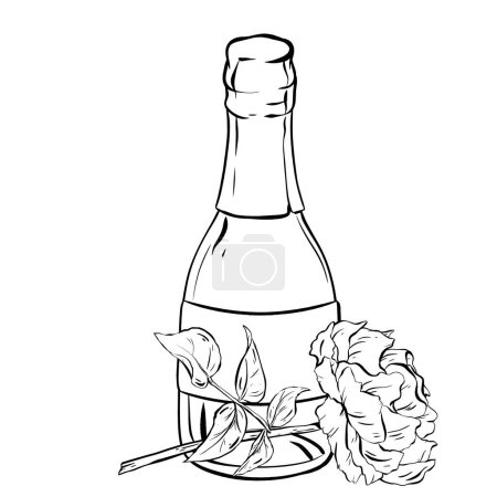 Téléchargez les illustrations : Illustration monochrome avec une bouteille de vin en verre et une fleur délicate, mettant en valeur la beauté de la vaisselle, du liquide et de la nature dans un dessin noir et blanc - en licence libre de droit