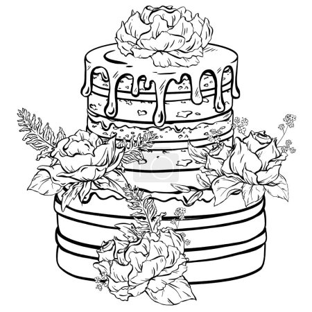 Illustration for An illustration of a black and white drawing featuring a cake with flowers on top, showcasing intricate details and artistry - Royalty Free Image